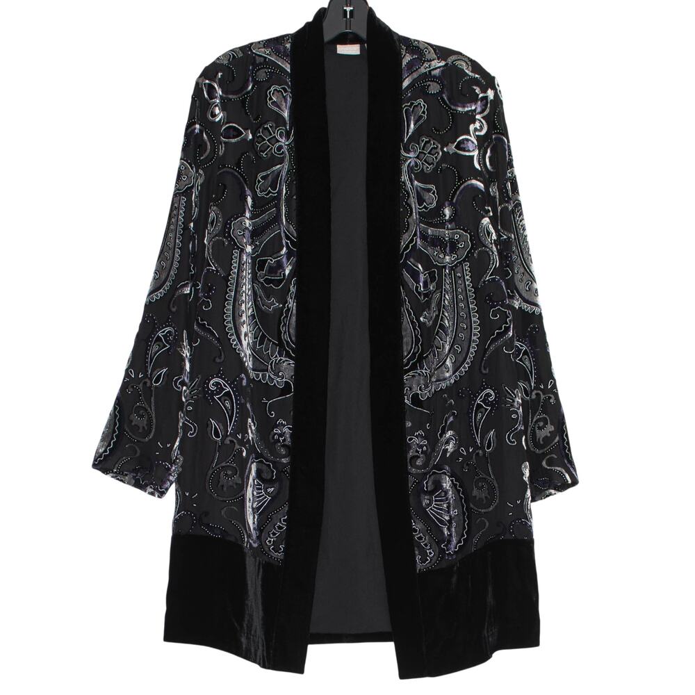 Chicos Travelers Velvet Burnout Paisley Black Cardigan 1 M Open Front Boho Artsy
